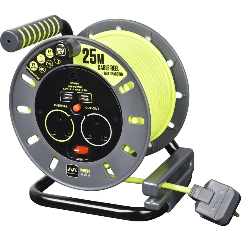 Masterplug Pro XT - 2 x USB A, 25m, 2 Sockets, 13A, Grey + Green