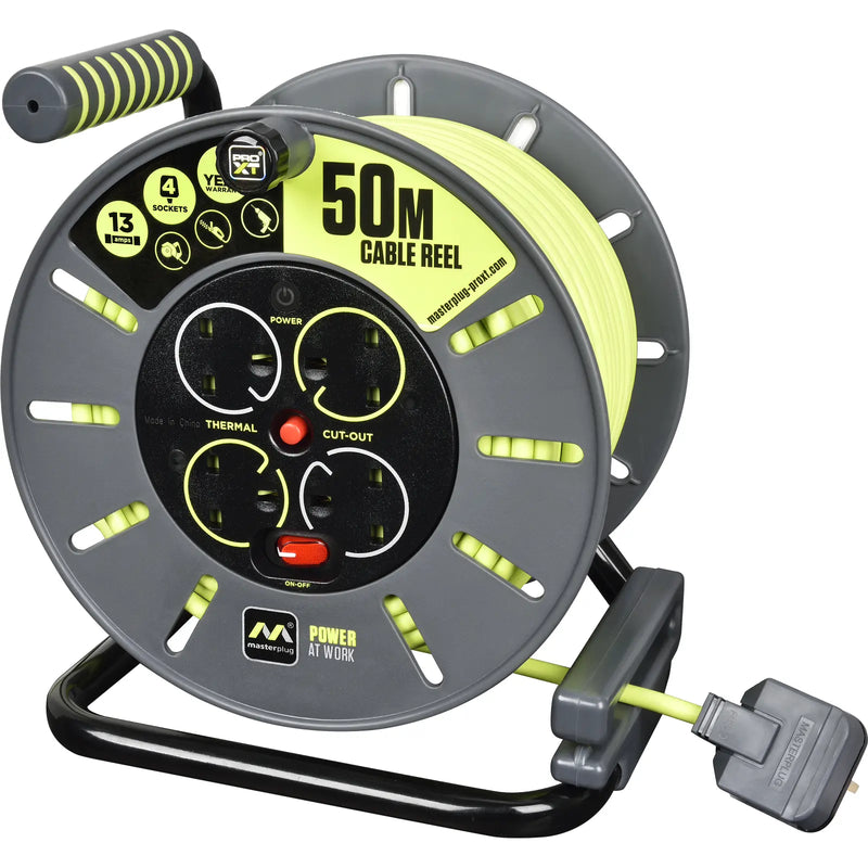 Masterplug Pro XT - 50m, 4 Sockets, 13A, Grey + Green