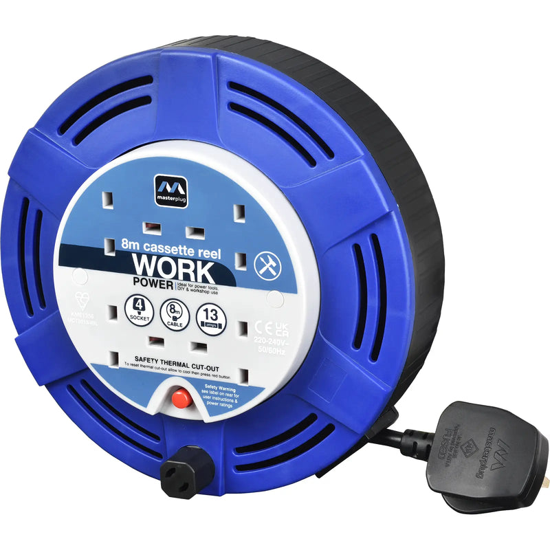 Masterplug Work - 8m, 4 Sockets, 13A, Blue