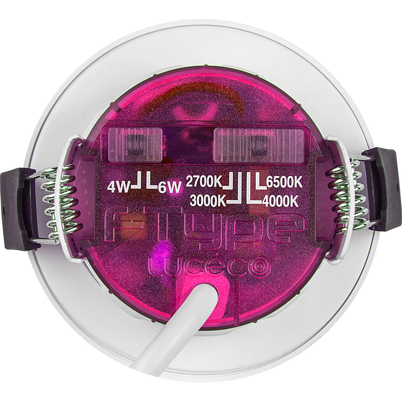 Luceco Elite - FType Elite Fire Rated Downlight 4W/6W 750lm Power Change with 4Colour CCT 2700K, 3000K, 4000K, 6000K Dimmable IP65 White - Flat