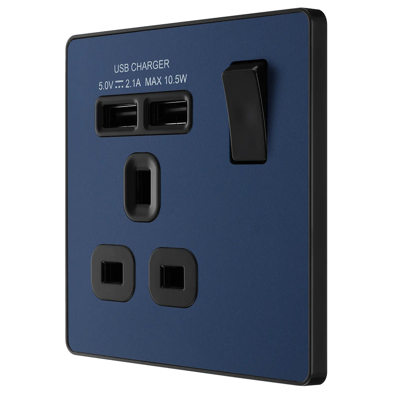 BG Electrical Evolve Matt Blue - Single, switched, single pole, with 2 x USB A