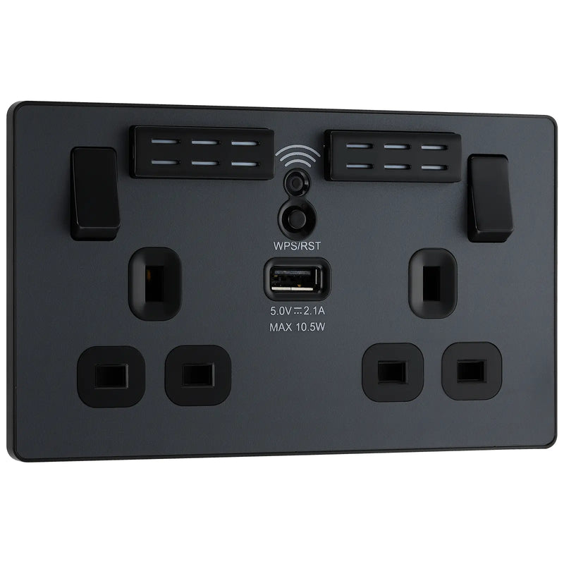 BG Electrical Evolve Matt Grey - Double, switched, single pole, WiFi Extender + USB A