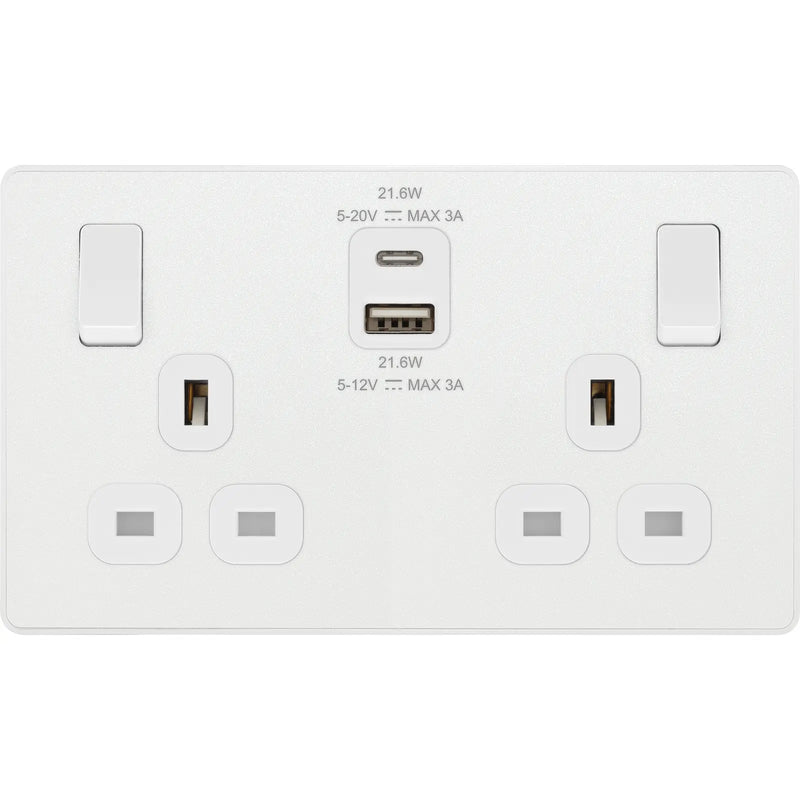 BG Electrical Evolve Pearlescent White - Double switched single pole, with USB A + C (22W)
