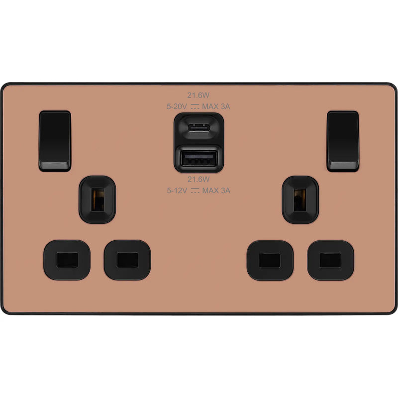 BG Electrical Evolve Polished Copper - Double switched single pole, with USB A + C (22W)