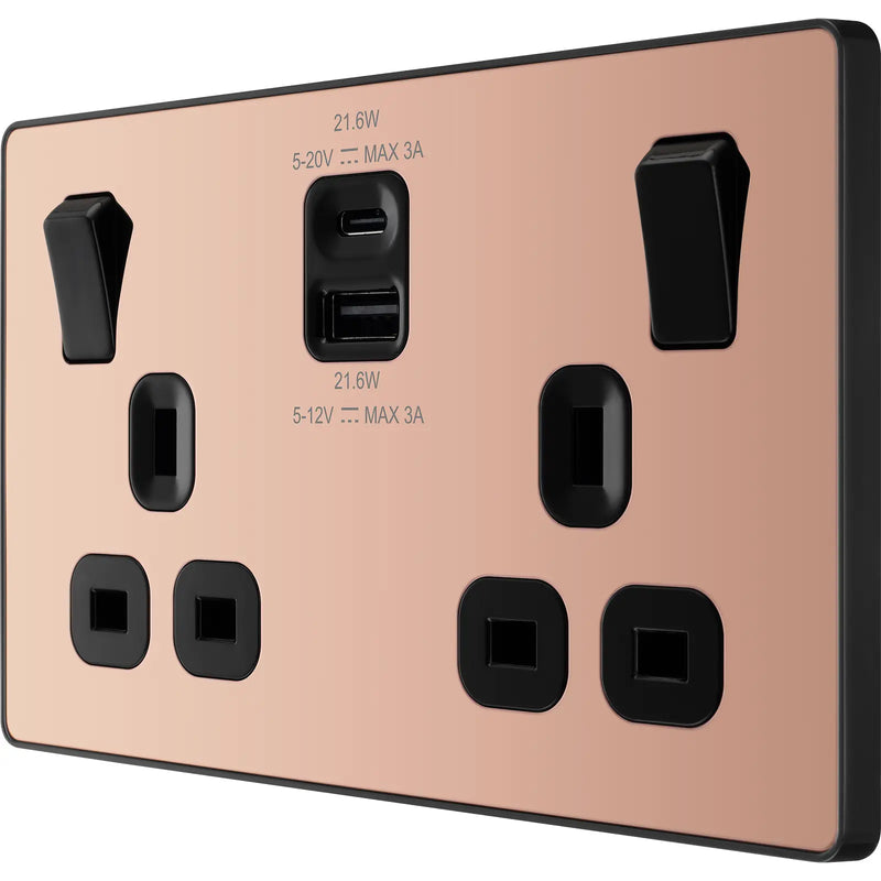 BG Electrical Evolve Polished Copper - Double switched single pole, with USB A + C (22W)