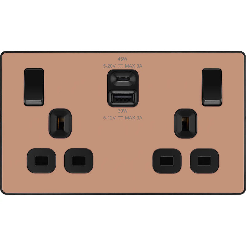 BG Electrical Evolve Polished Copper - Double switched single pole, with USB A + C (45W)