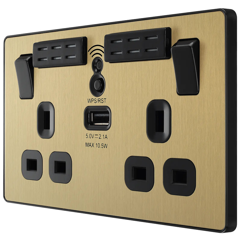 BG Electrical Evolve Satin Brass - Double, switched, single pole, WiFi Extender + USB A