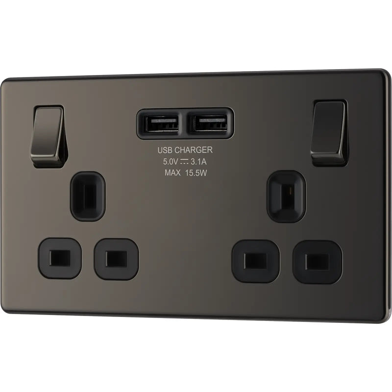 BG Electrical Flatplate Screwless Black Nickel - Double switched single pole, with 2 x USB A