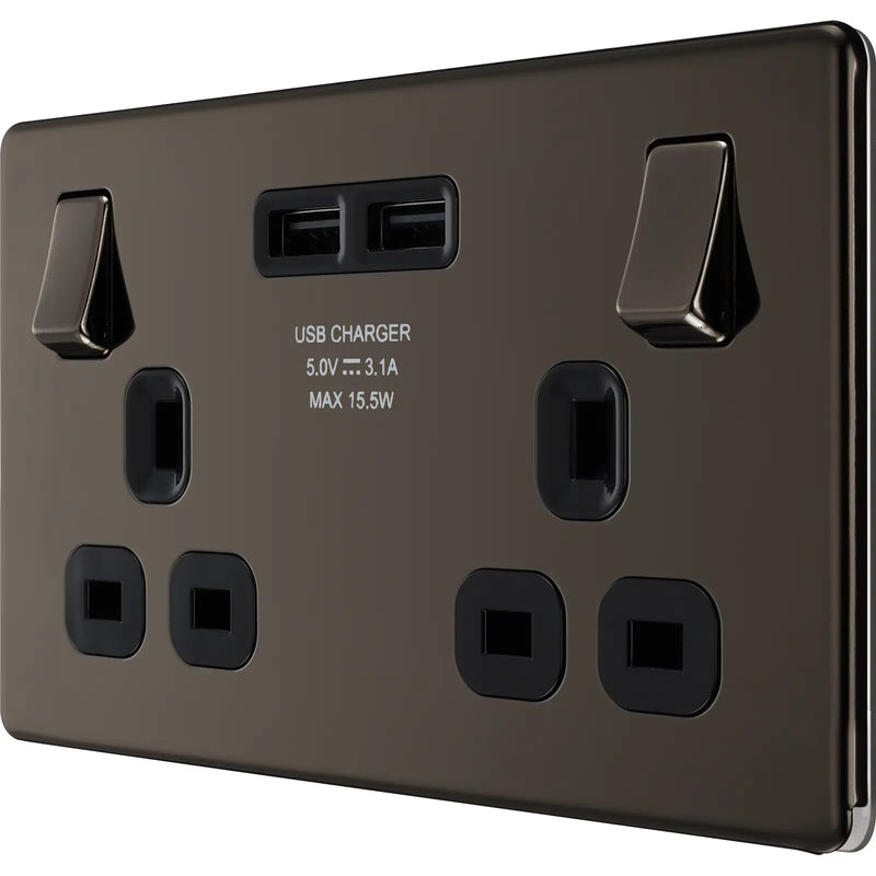 BG Electrical Flatplate Screwless Black Nickel - Double switched single pole, with 2 x USB A
