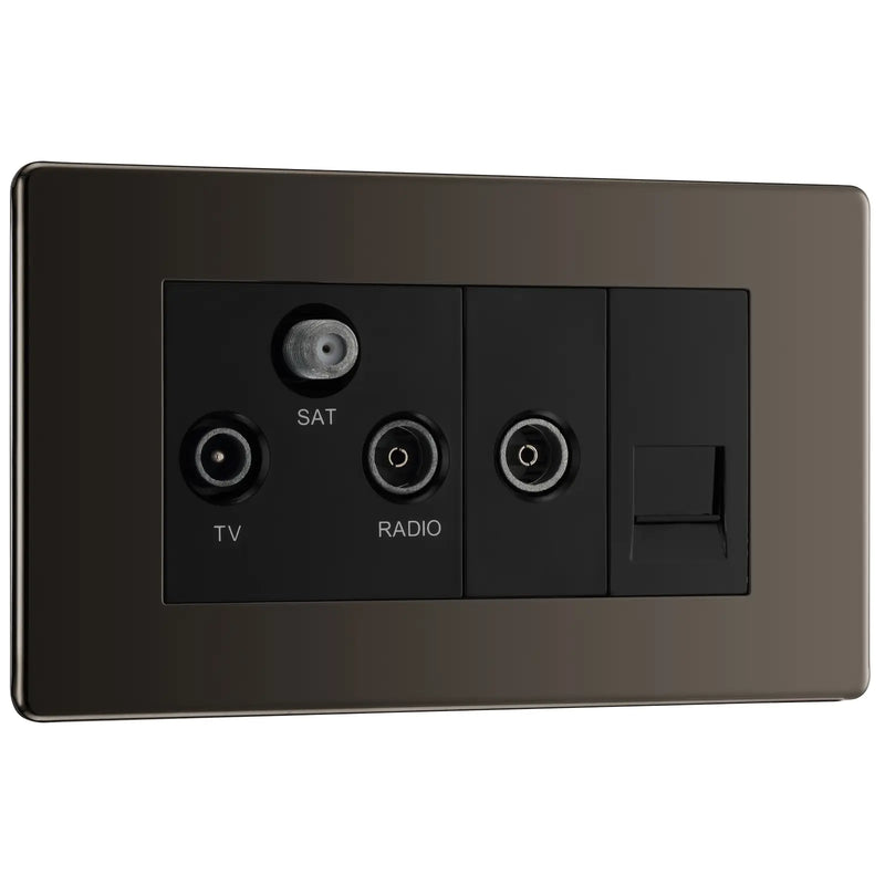 BG Electrical Flatplate Screwless Black Nickel - Triplex with BT outlet and co-axial return - screened