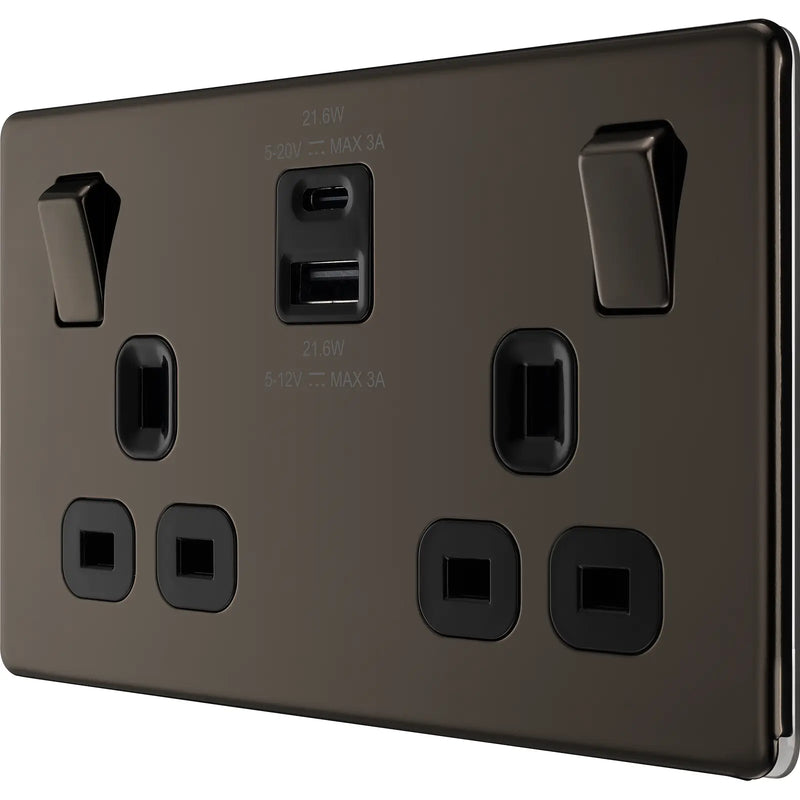 BG Electrical Flatplate Screwless Black Nickel - Double switched single pole, with USB A + C (22W)