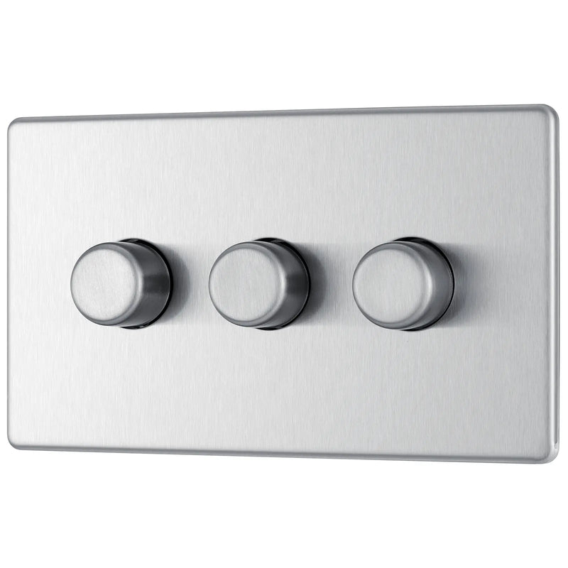 BG Electrical Flatplate Screwless Brushed Steel - Triple 2 way push 200W