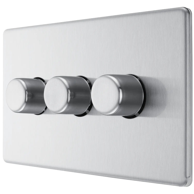 BG Electrical Flatplate Screwless Brushed Steel - Triple 2 way push 200W