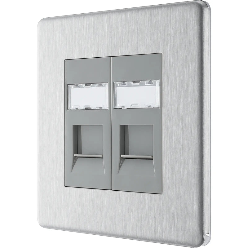 BG Electrical Flatplate Screwless Brushed Steel - Double, RJ45 telephone socket