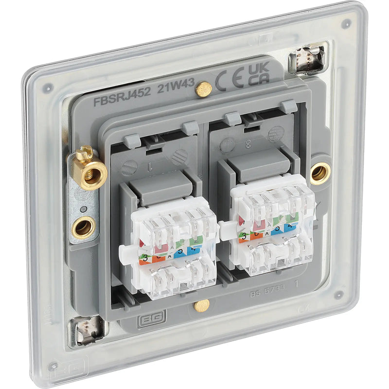 BG Electrical Flatplate Screwless Brushed Steel - Double, RJ45 telephone socket