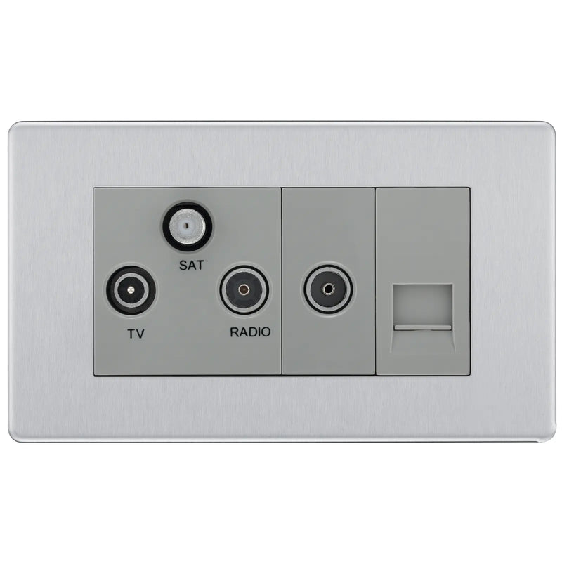 BG Electrical Flatplate Screwless Brushed Steel - Triplex with BT outlet and co-axial return - screened