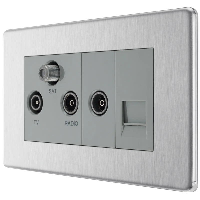 BG Electrical Flatplate Screwless Brushed Steel - Triplex with BT outlet and co-axial return - screened