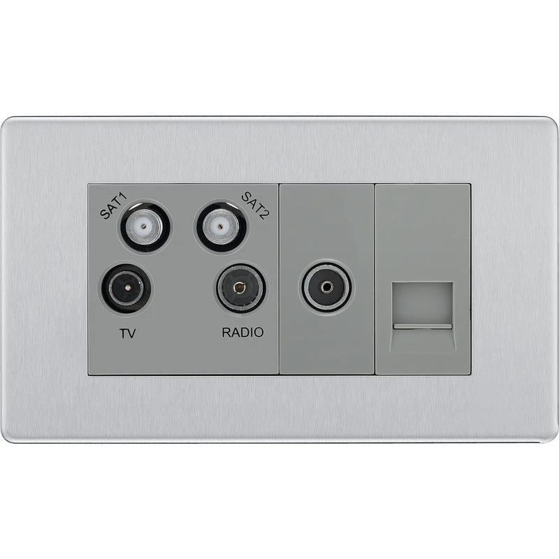 BG Electrical Flatplate Screwless Brushed Steel - Quadplex, 2 x sat, BT outlet and co-ax returned - screened