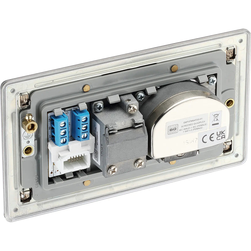 BG Electrical Flatplate Screwless Brushed Steel - Quadplex, 2 x sat, BT outlet and co-ax returned - screened