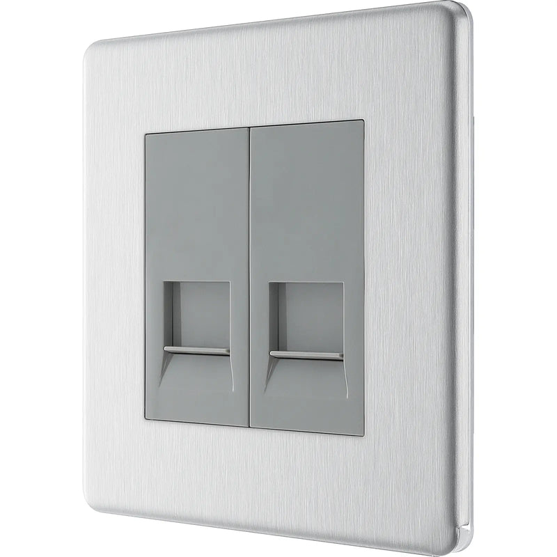BG Electrical Flatplate Screwless Brushed Steel - Double, telephone socket, secondary
