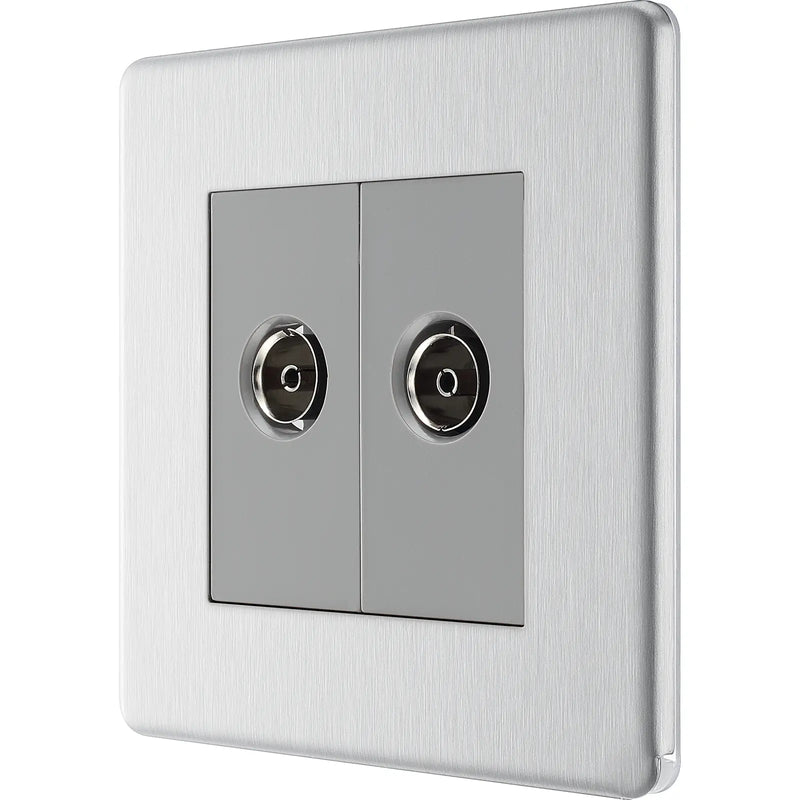 BG Electrical Flatplate Screwless Brushed Steel - Double, TV/FM