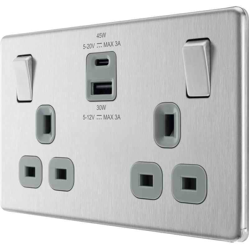BG Electrical Flatplate Screwless Brushed Steel - Double switched single pole, with USB A + C (45W)