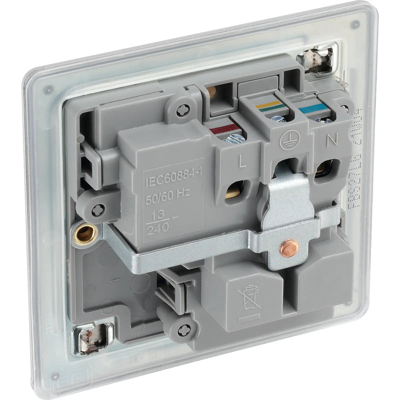 BG Electrical Flatplate Screwless Brushed Steel - Single, switched, universal with indicator (export only)