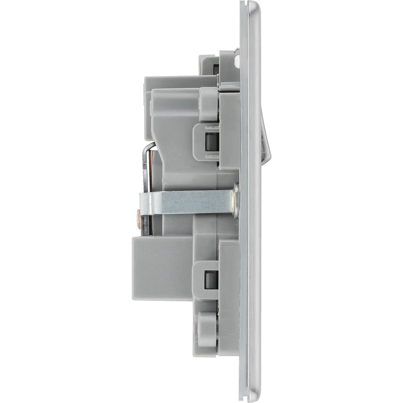 BG Electrical Flatplate Screwless Brushed Steel - Single, switched, universal with indicator (export only)
