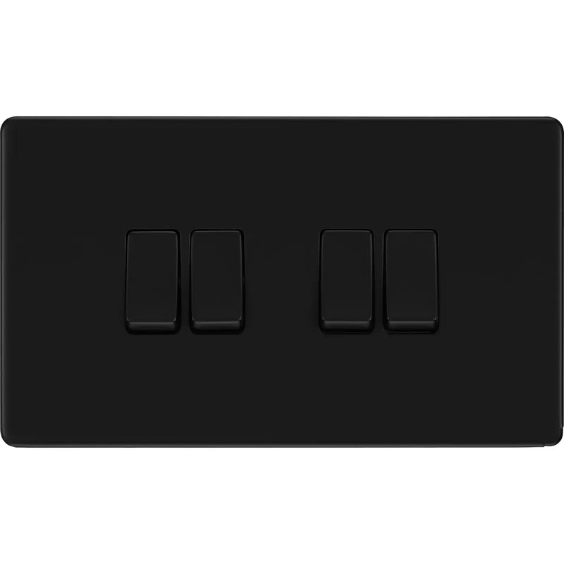 BG Electrical Flatplate Screwless Matt Black - Quadruple, 2 way switch