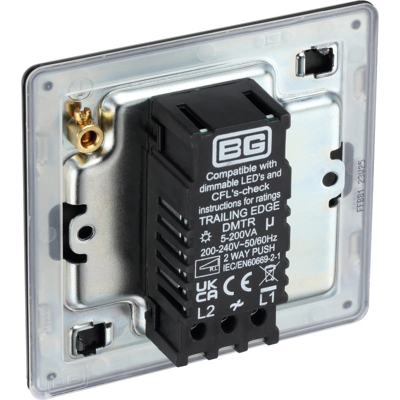 BG Electrical Flatplate Screwless Matt Black - Single, 2 way push 200W
