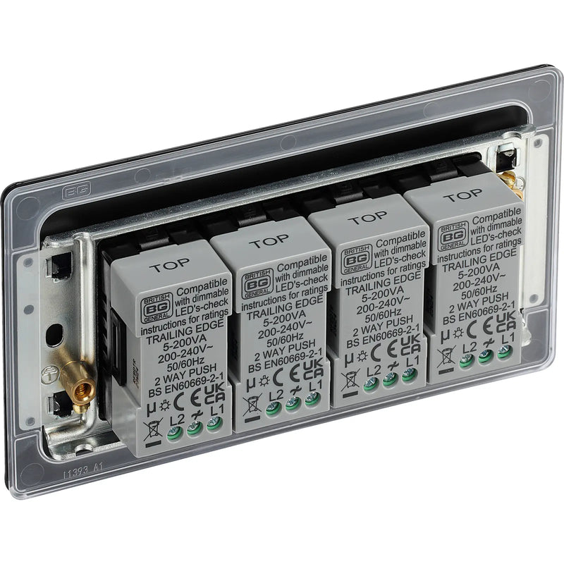 BG Electrical Flatplate Screwless Matt Black - Quadruple 2 way push 200W