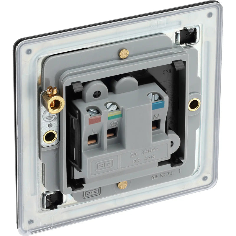 BG Electrical Flatplate Screwless Matt Black - 2A, Single, unswitched, round pin