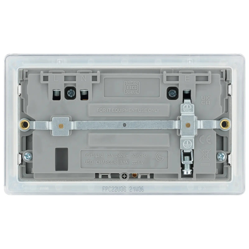 BG Electrical Flatplate Screwless Polished Chrome - Double switched, single pole, with 2 x USB A