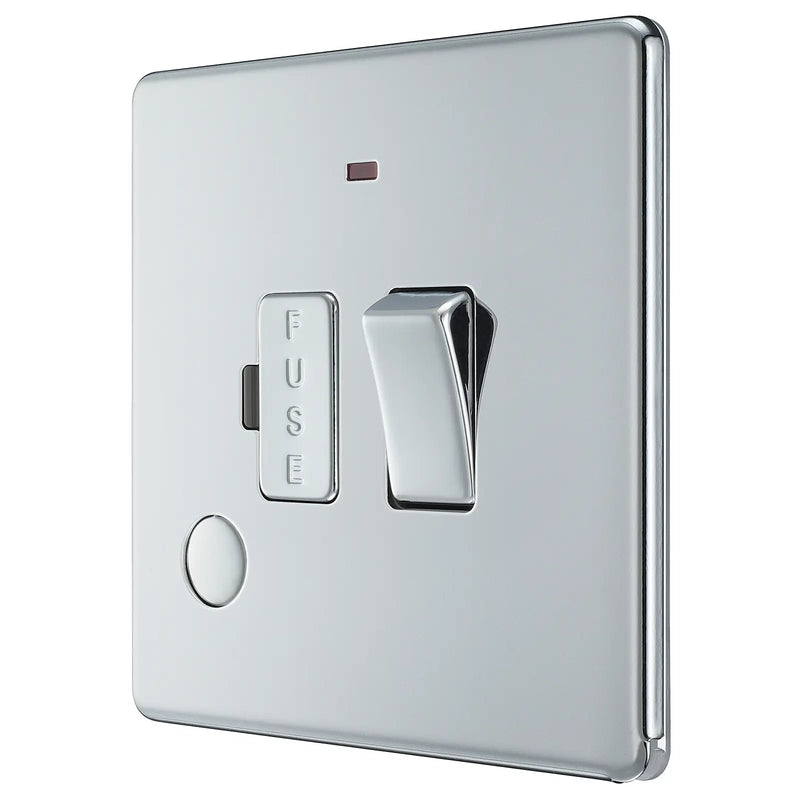 BG Electrical Flatplate Screwless Polished Chrome - Switched and fused with indicator and flex outlet