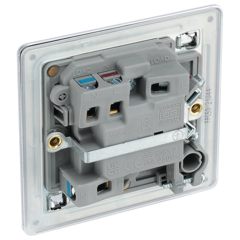 BG Electrical Flatplate Screwless Polished Chrome - Switched and fused with indicator and flex outlet