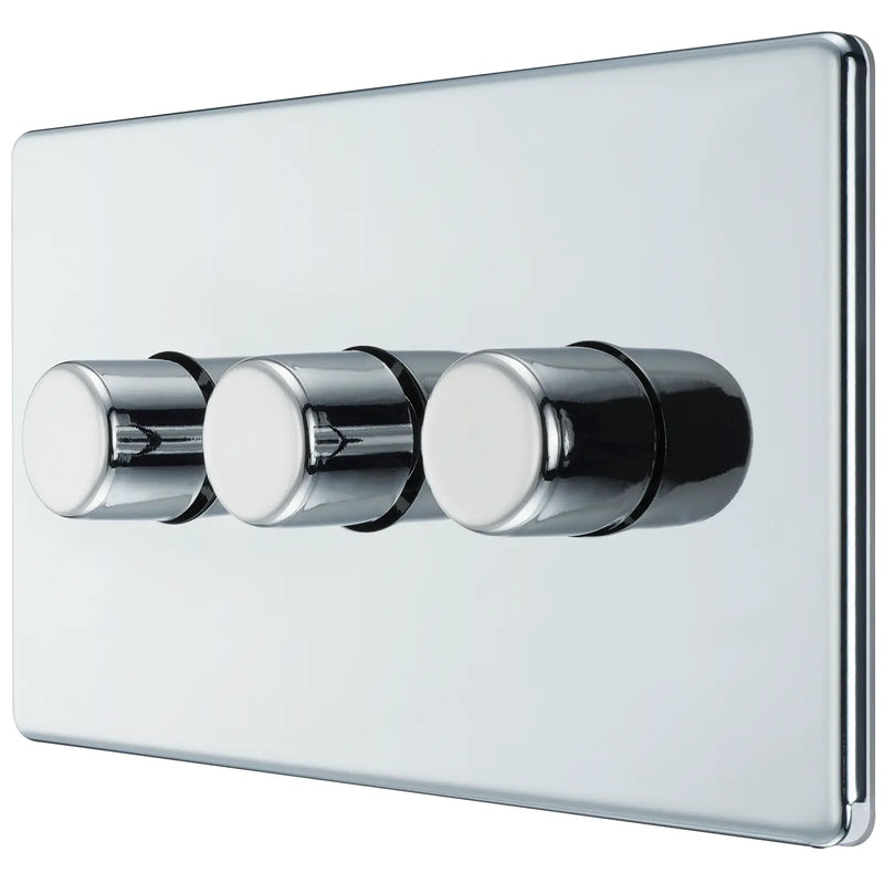 BG Electrical Flatplate Screwless Polished Chrome - Triple, 2 way push 200W