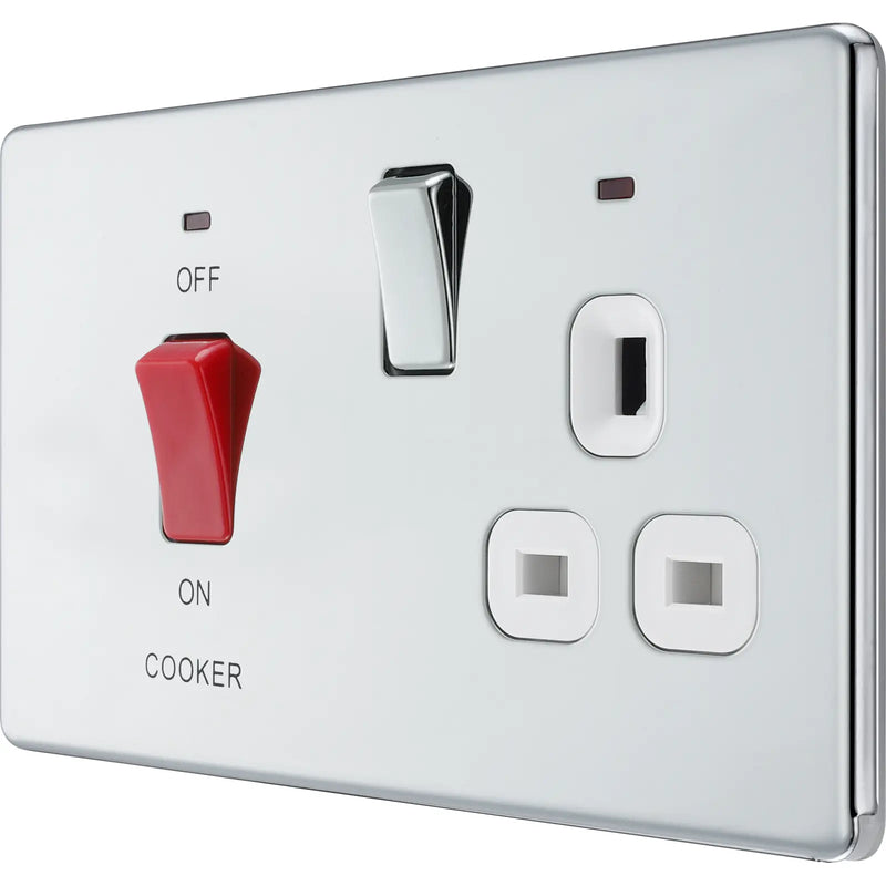BG Electrical Flatplate Screwless Polished Chrome - 45A double pole, with switched socket and indicators