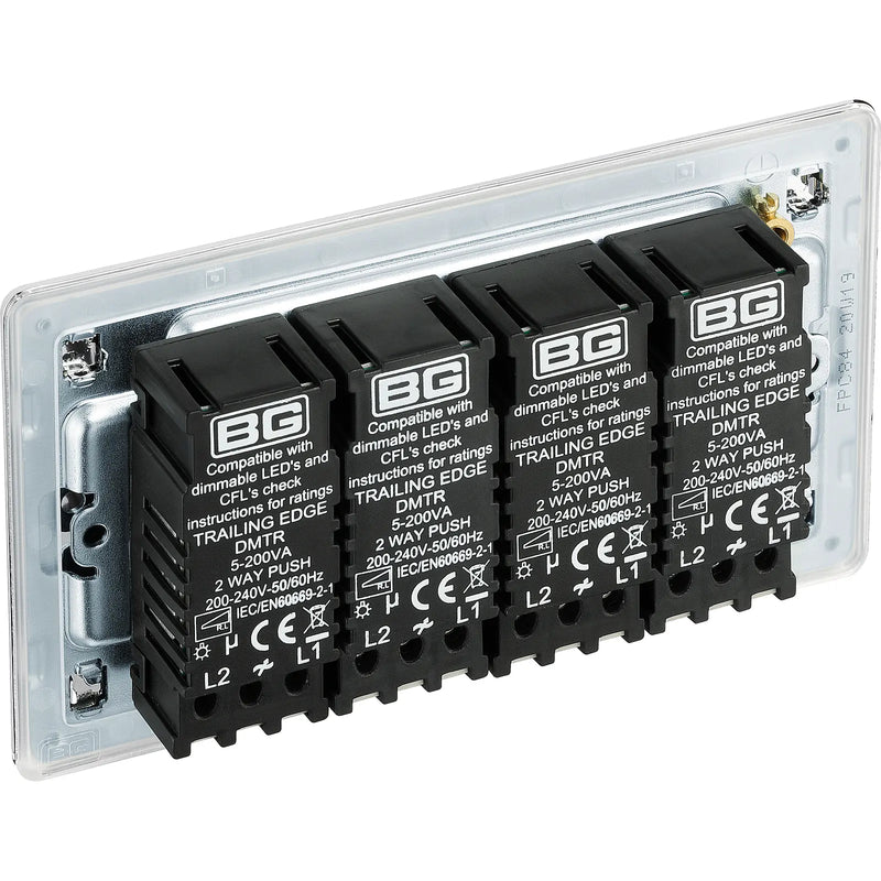 BG Electrical Flatplate Screwless Polished Chrome - Quadruple, 2 way push 200W