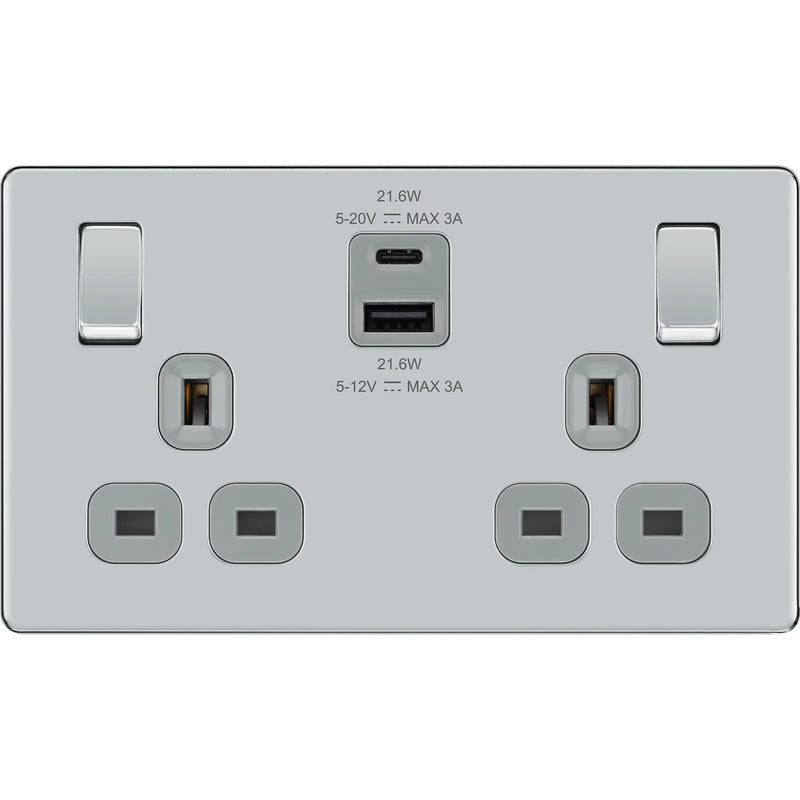 BG Electrical Flatplate Screwless Polished Chrome - Double switched single pole, with USB A + C (22W)