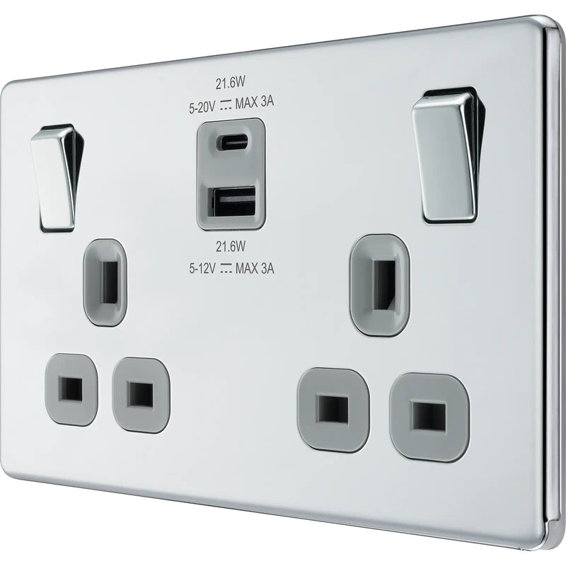 BG Electrical Flatplate Screwless Polished Chrome - Double switched single pole, with USB A + C (22W)
