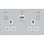 BG Electrical Flatplate Screwless Polished Chrome - Double switched single pole, with USB A + C (45W)