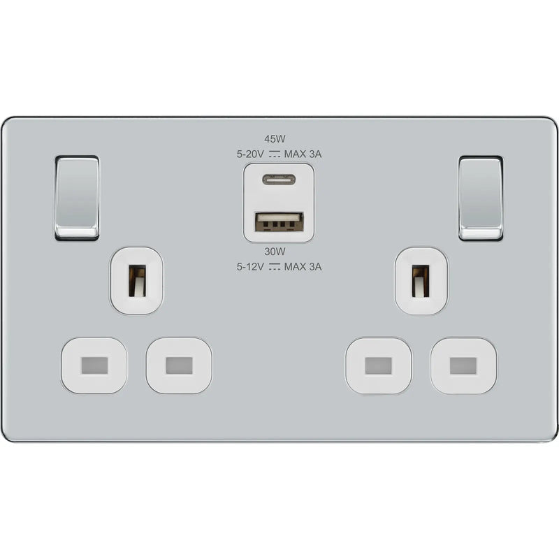 BG Electrical Flatplate Screwless Polished Chrome - Double switched single pole, with USB A + C (45W)