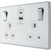 BG Electrical Flatplate Screwless Polished Chrome - Double switched single pole, with USB A + C (45W)