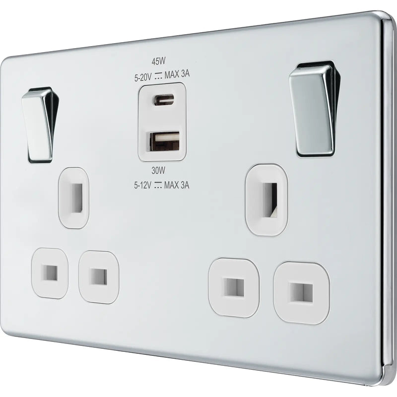 BG Electrical Flatplate Screwless Polished Chrome - Double switched single pole, with USB A + C (45W)