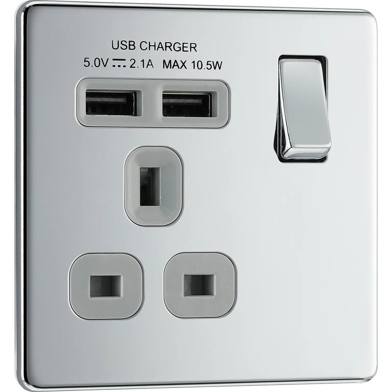 BG Electrical Flatplate Screwless Polished Chrome - Single switched, single pole, with 2 x USB A