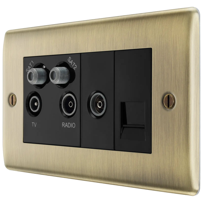 BG Electrical Nexus Metal Antique Brass - Quadplex 2 x sat, BT outlet and co-ax returned - screened