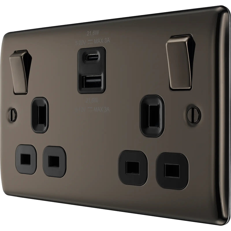 BG Electrical Nexus Metal Black Nickel - Double switched single pole, with USB A + C (22W)
