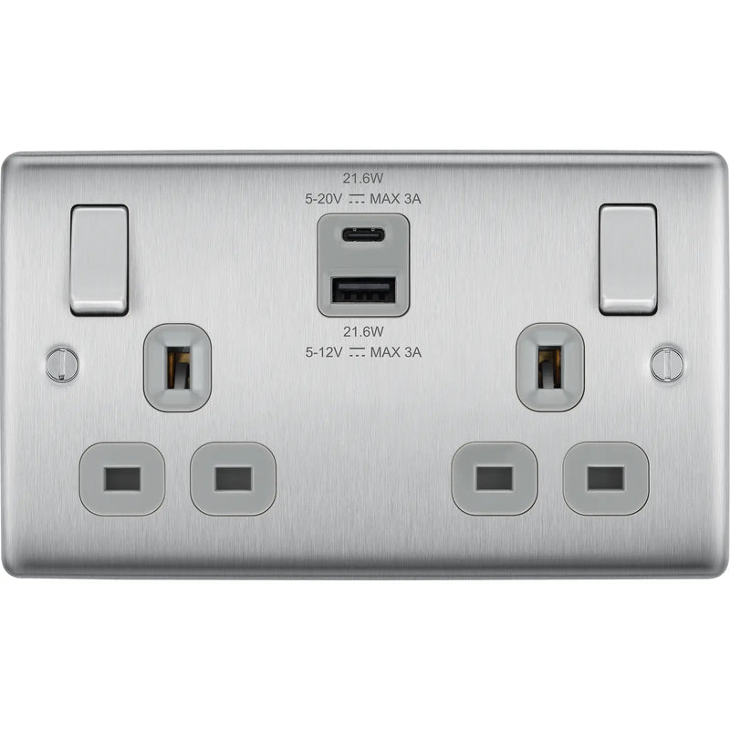 BG Electrical Nexus Metal Brushed Steel - Double switched single pole, with USB A + C (22W)