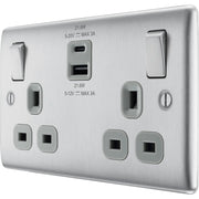 BG Electrical Nexus Metal Brushed Steel - Double switched single pole, with USB A + C (22W)