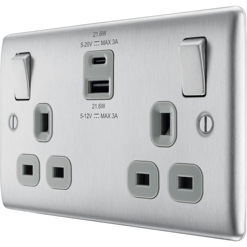 BG Electrical Nexus Metal Brushed Steel - Double switched single pole, with USB A + C (22W)